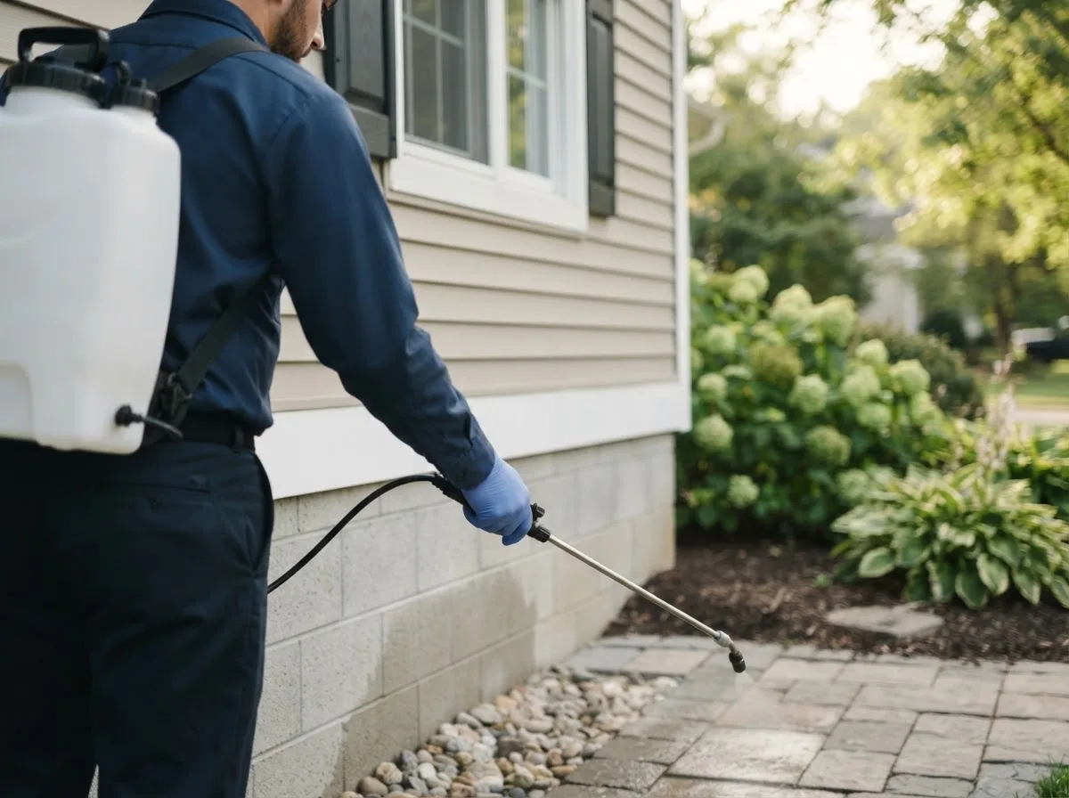 Pest control technician inspecting a home in Springfield, NE